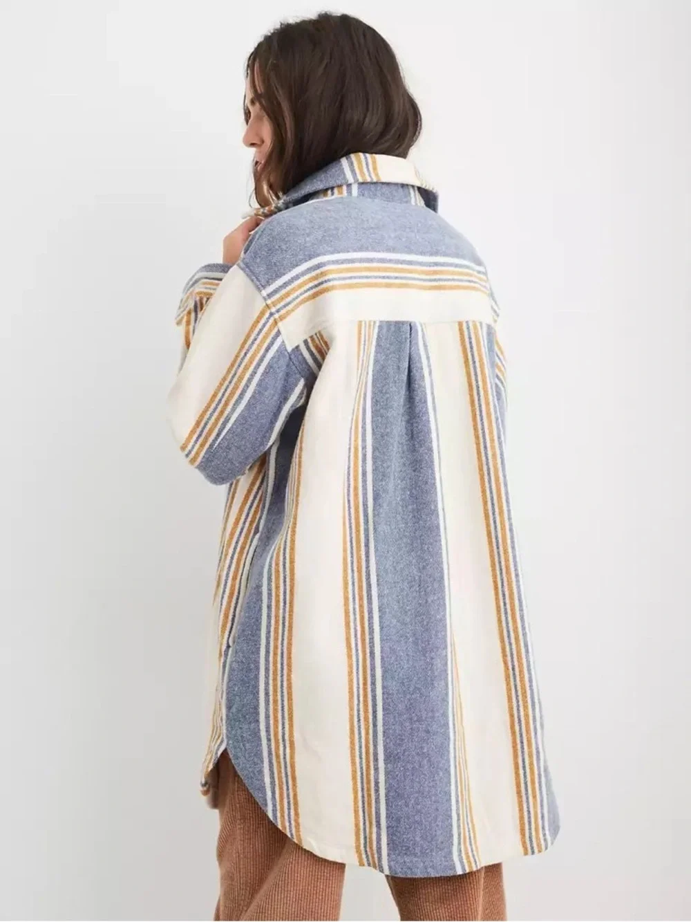 Aerie Oversized Flannel Shacket Jacket Cream Blue Stripe Cotton Size M - Picture 2 of 13